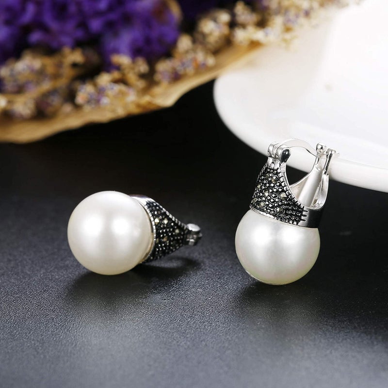 MILACOLATO 925 Sterling Silver Pearl Earrings for Women 18K White Gold Plated Simulated Pearl Dangle Drop Earrings Love Jewelry Gifts for Women - Image 5